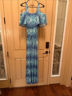 Blue Geometric Cold-Shoulder Maxi Dress - size 1X